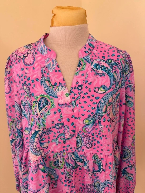 Lilly Pulitzer  large plumeria Pink strut your stuff winona long sleeve dress. - Picture 2 of 11